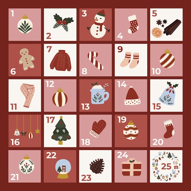 Adventkalender en kerstversiering Met de hand getekende ontwerpelementen Kleurrijke met de hand getekende vector