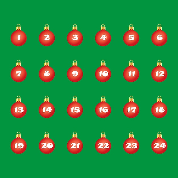 Adventskalender kerstballen rood op groene achtergrond. Vierkante heldere adventskalender