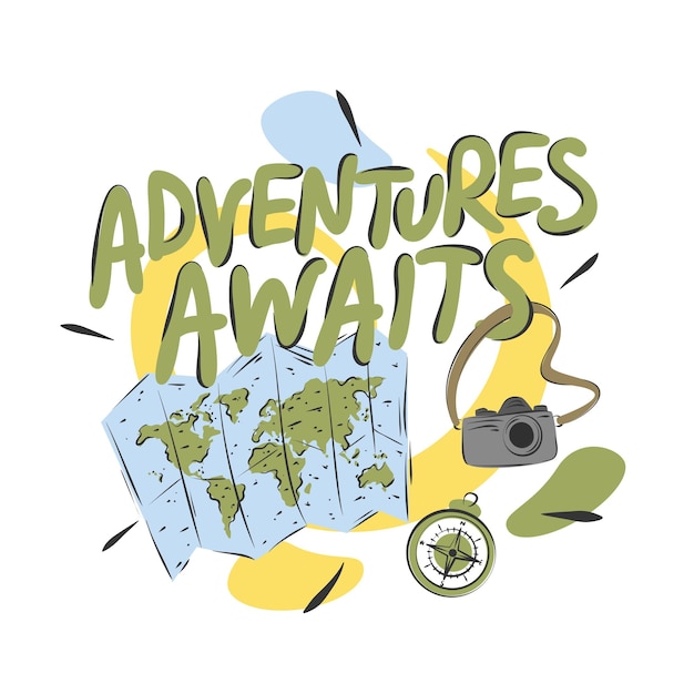 Vector adventure awaits hand drawn lettering inspiring poster with text and world map