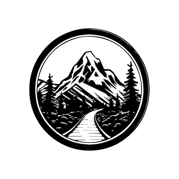 ベクトル 冒険が待っています 山のシルエットが描かれたハイキングのロゴ