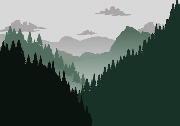 Vector adventure background landscape illustration with deermoon sun river wolf birds and mountains