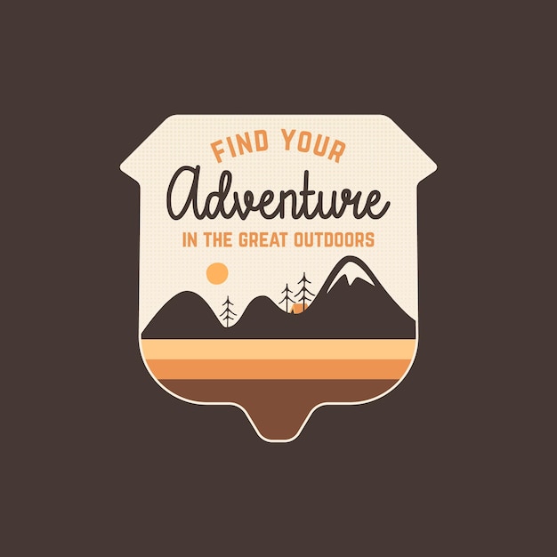 Adventure badge design with mountains Hiking emblem Travel logo graphics Stock vector retro label isolated on dark background