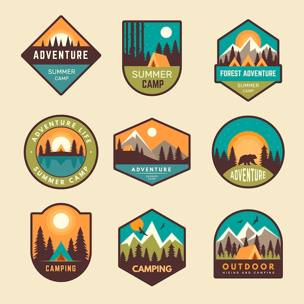 Vector adventure badges summer camp mountains forest hiking exploring scout outdoor labels hipster stickers recent vector templates set