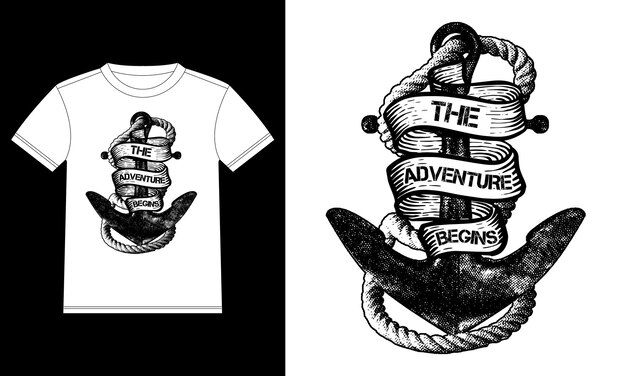 Vector the adventure begins old vintage anchor with rope and ribbon with text. t-shirt design template, car