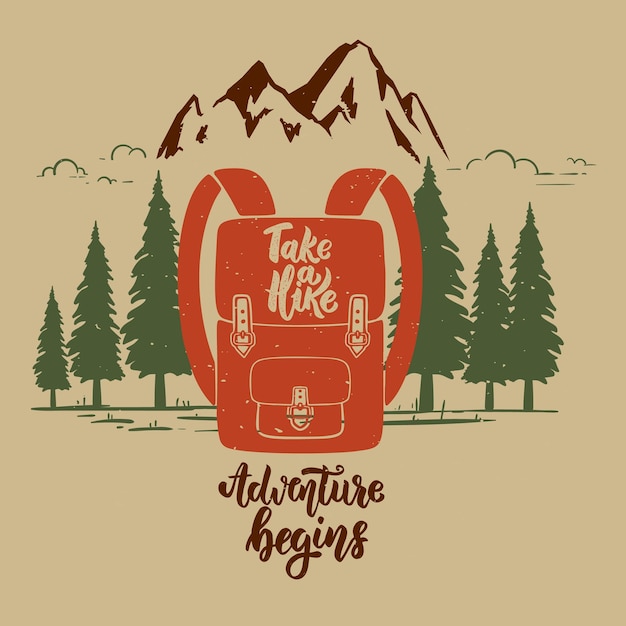 冒険はキャンプのバックパックでヴィンテージデザインを開始します山の森のシルエットポスターバナーエンブレムサインロゴベクトルイラスト