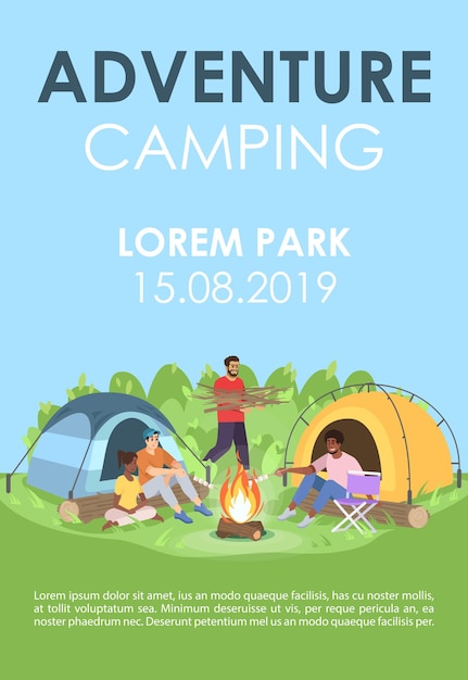 Adventure camping brochure template. Tourism flyer, booklet, leaflet concept with flat illustrations. Vector page layout for magazine. Outdoor entertainment advertising invitation with text space