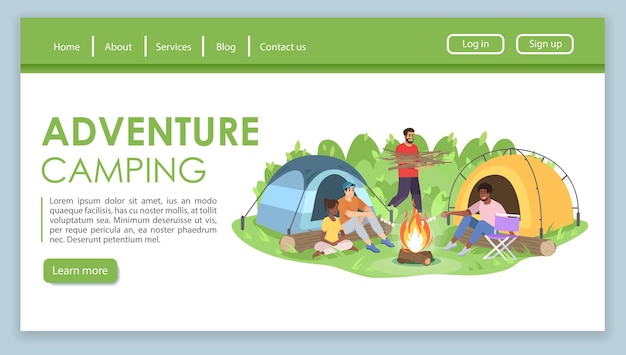 アドベンチャーキャンプのランディングページのベクトルテンプレート。フラットなイラストとアウトドアレクリエーションのウェブサイトのインターフェイスのアイデア。観光庁のホームページのレイアウト。ハイキング旅行のウェブバナー、ウェブページの漫画のコンセプト