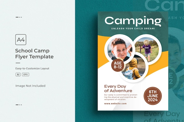 Vettore adventure camping tour a4 flyer design template