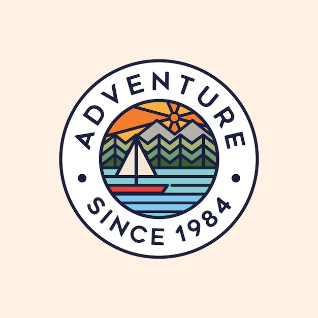 Adventure circle badge logo - mountain lake zon en bos illustratie