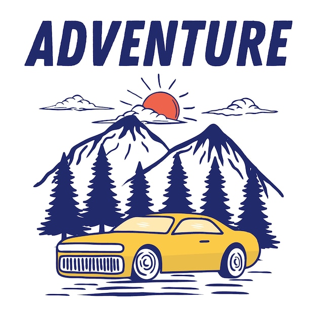 Vector adventure classic car tree mountain