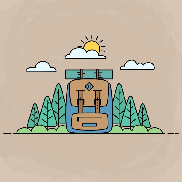 Adventure cute icons, outdoor activity illustration with backpack and forest by using flat design