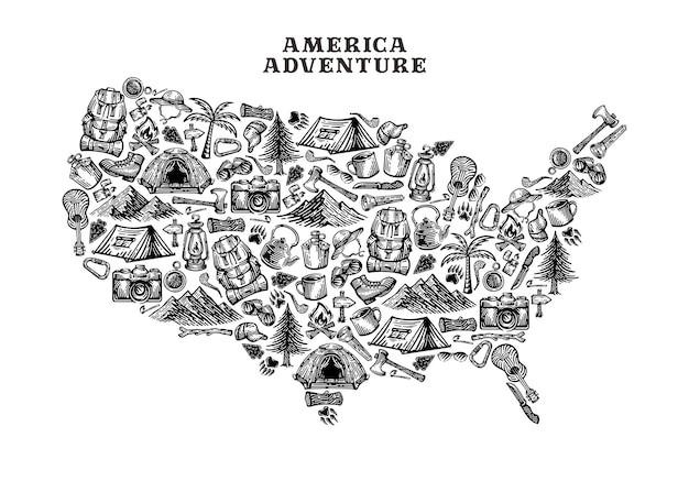 Vector adventure elements shaped island america