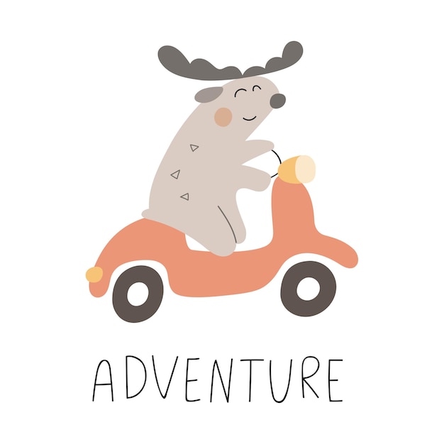 Adventure. Funny moose on scooter. Birthday concept. Vector illustration