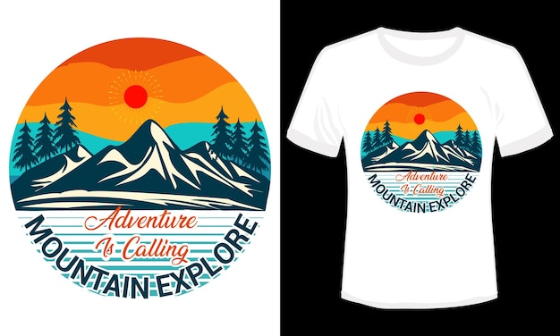 모험은 산 탐험, 티셔츠 디자인 벡터 일러스트를 부르고 있습니다