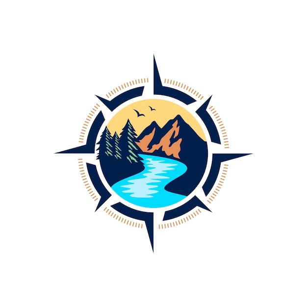 Вектор Логотип приключений с шаблоном векторной иллюстрации дизайна гор и компаса