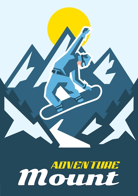 Vector adventure mount een snowboarder die een trick uitvoert