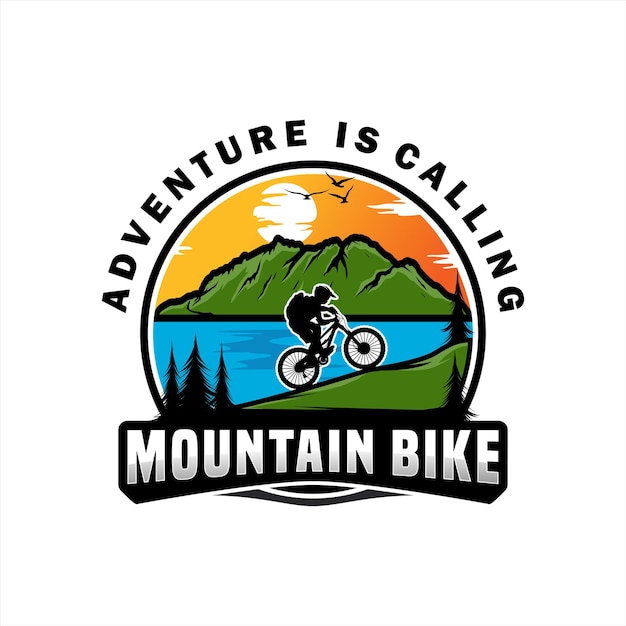 Avventura in mountain bike con grafica vettoriale di montagna