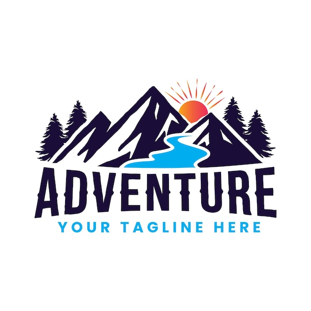 Viaggio al tramonto con logo retrò avventura e montagna con vettore di design del logo premium dell'albero di pino