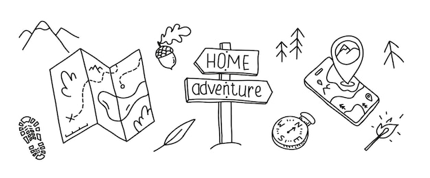 Adventure navigation vector outdoor navi equipment doodle set camping and maps hand drawn