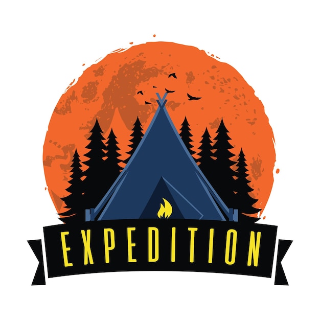 Приключение Ночная Экспедиция У Костра Гора Луна Кемпинг Дизайн Логотипа Шаблон Вектор