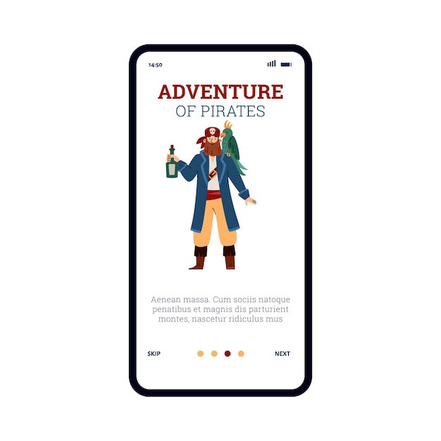 Приключение пиратов на борту пользовательского интерфейса с пиратским мультяшным персонажем плоской векторной иллюстрации Тематическая квестовая игра или вечеринка на странице мобильного смартфона