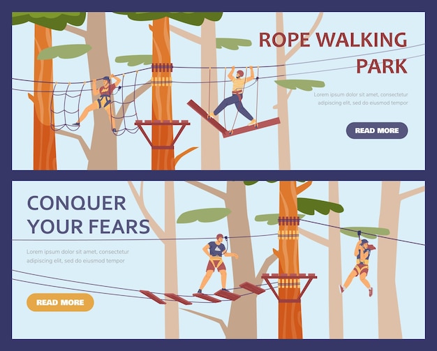 Adventure rope park concept banners in platte vectorillustratie