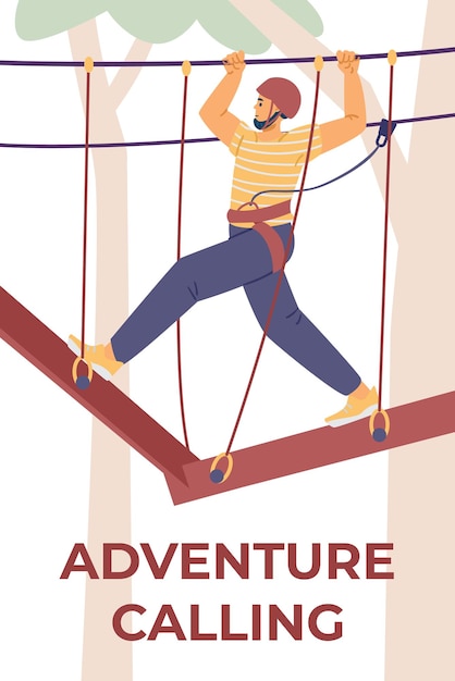 Vector adventure rope park, extreme, safe tourist activity for adults, children