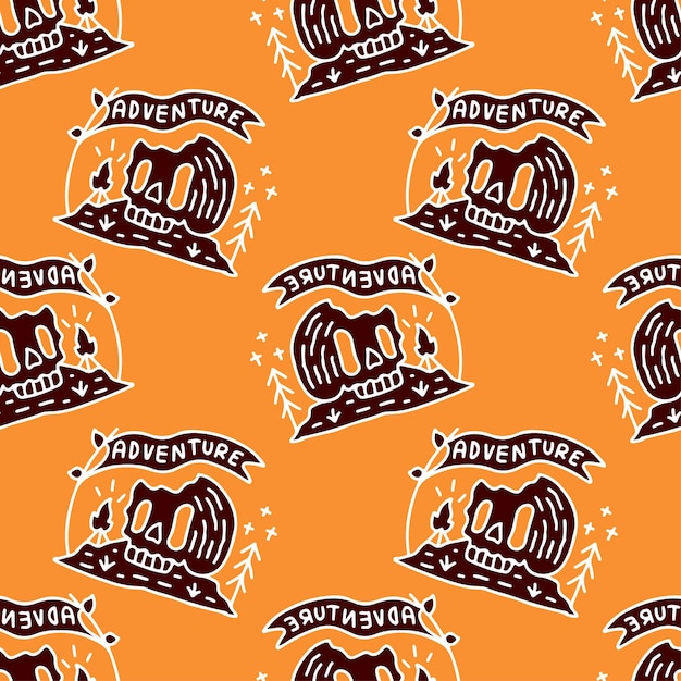 Adventure skull and flag on orange background seamless pattern.