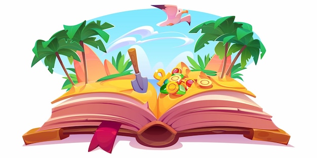 Вектор Приключенческая история детская сказка открытая книга с золотым сокровищем для поиска с помощью векторной иллюстрации лопаты