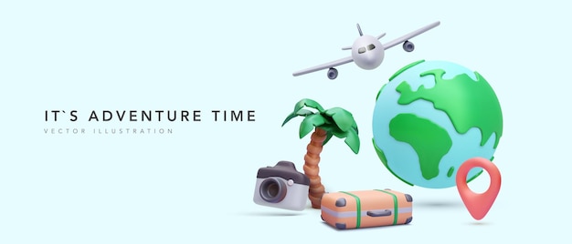 Adventure time concept poster in realistic style with planet airplane palm tree suitcase camera pointer Vector illustration