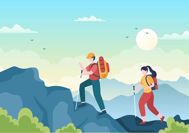 Adventure Tour on the Theme of Climbing or Vacation with Forest and Mountain Views in Illustration