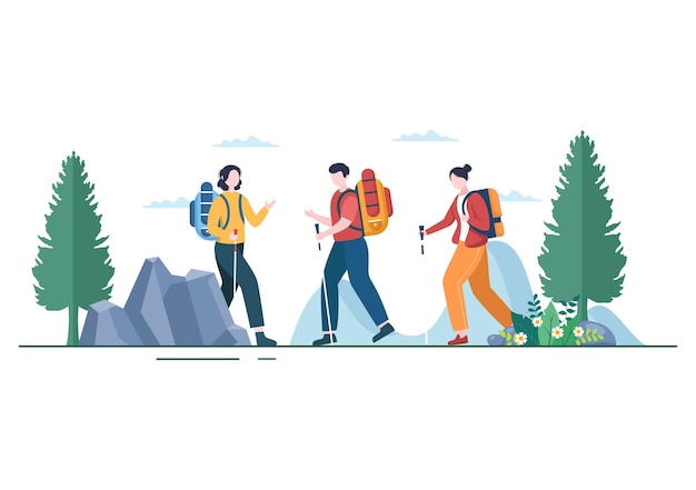 Vector adventure tour on the theme of climbing or vacation with forest and mountain views in illustration