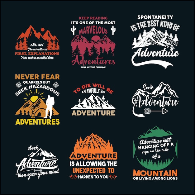 ベクトル アドベンチャー旅行とキャンプのtシャツデザインセット