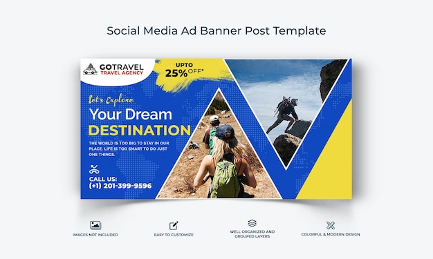 Adventure travel social media facebook ad banner post template premium vector