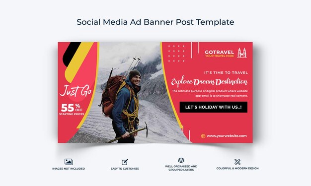 Adventure travel social media facebook ad banner post template premium vector