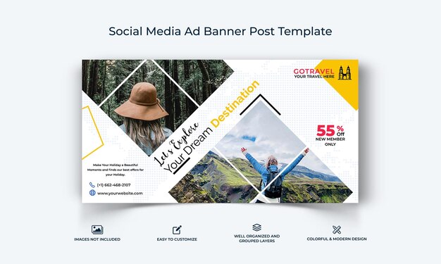 Adventure travel social media facebook ad banner post template premium vector