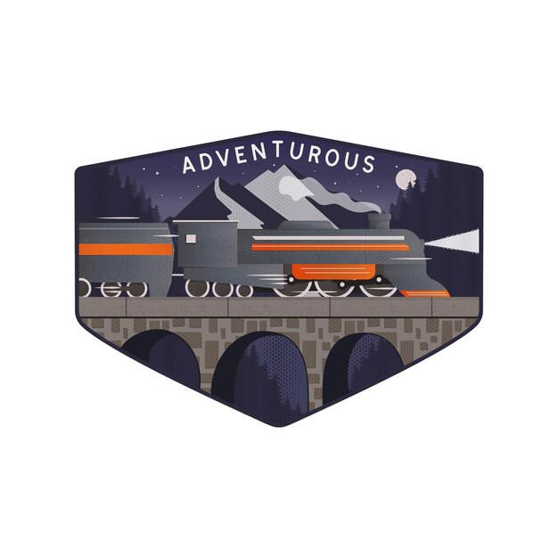 Disegno vettoriale di avventura con treno e montagne