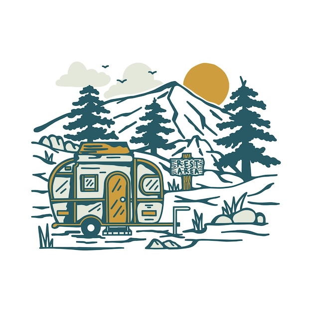 Adventure with van in the nature graphic illustration vector art tshirt design