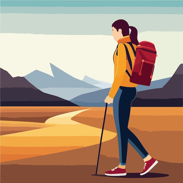 Вектор Женщина-турист, наслаждающаяся походами в горах с рюкзаком и плоской иллюстрацией вектора