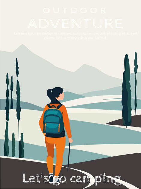 Vector adventure woman tourist enjoying hiking in mountains with and backpack flat illustration vector