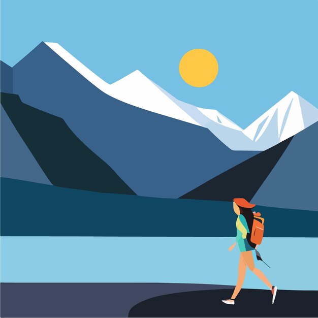 Adventure woman tourist enjoying hiking in mountains with and backpack flat illustration vector