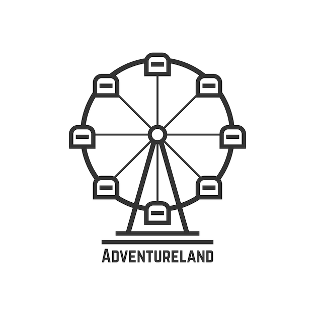 Icona di adventureland con ruota panoramica nera. concetto di parco divertimenti, luna park, fiera, attività per il tempo libero. isolato su sfondo bianco. stile piatto tendenza moderna logo design illustrazione vettoriale