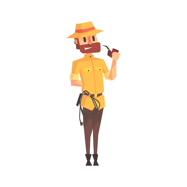 Vector adventurer archeologist in safari outfit and hat smoking pipe illustration from funny archeology scientist series