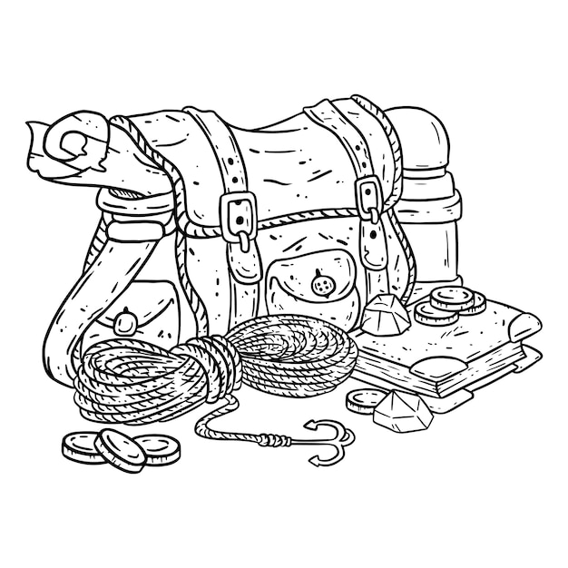 Adventurer pack lineart illustration for coloring. Fantasy character pouch with explorer items. Treasure bag comic