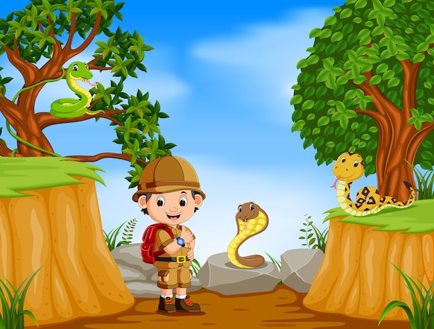 Adventurer and snakes with mountain cliff scene