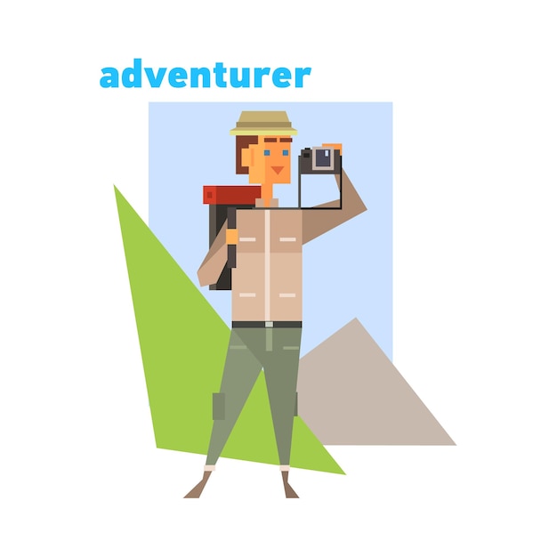 Adventurer with camera abstract figure flat vector illustration with text