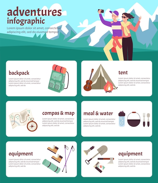 Set di infografica avventure con illustrazione vettoriale piatta di attrezzature turistiche