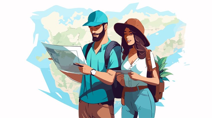 Vector adventureseeking young couple holding map exploring travel destinations