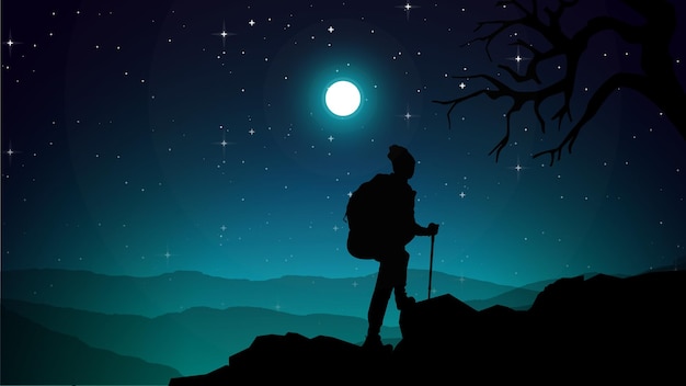 Vettore avventuroso uomo escursionista un uomo che fa un'escursione in montagna con lo zaino cielo notturno blu sfondo hd