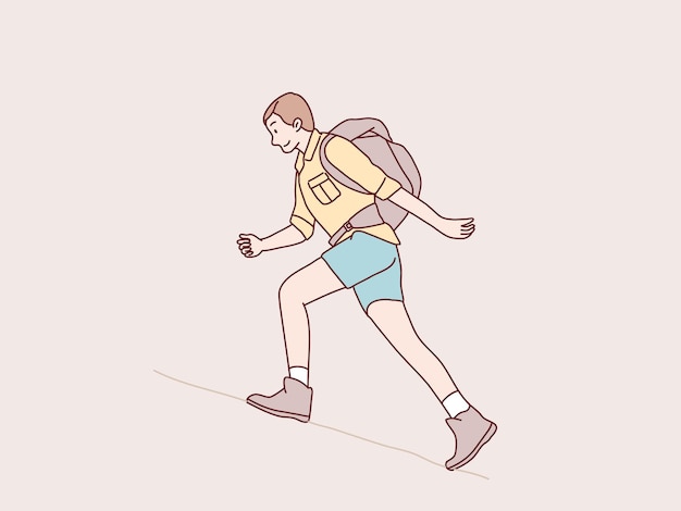 Adventurous man sky running in mountains with backpack Hiking simple korean style illustration